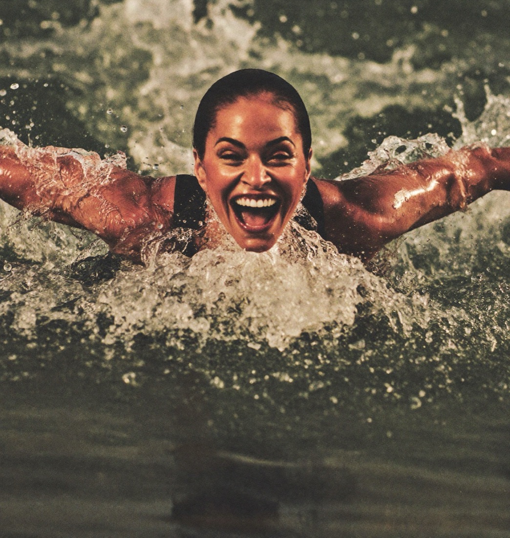 A 50-year-old woman winning a swimming race